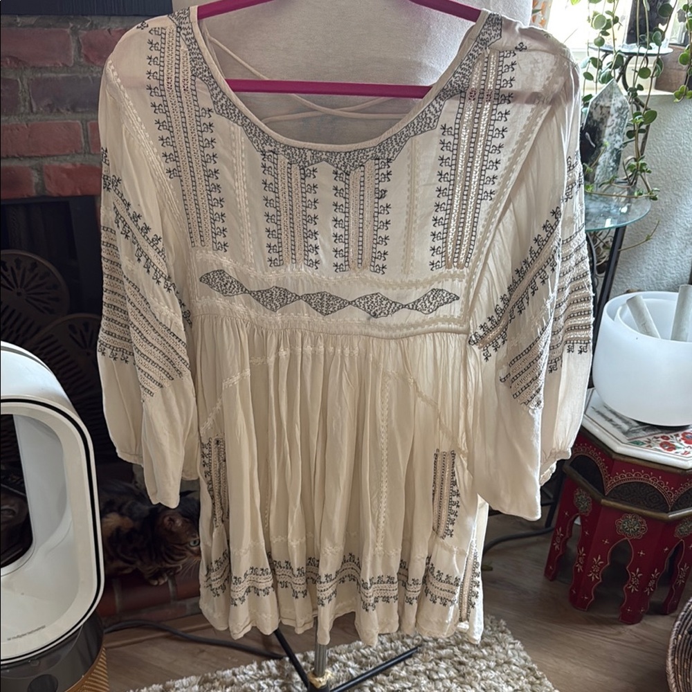 Free People Cream Pleated Blouse with Embellishments